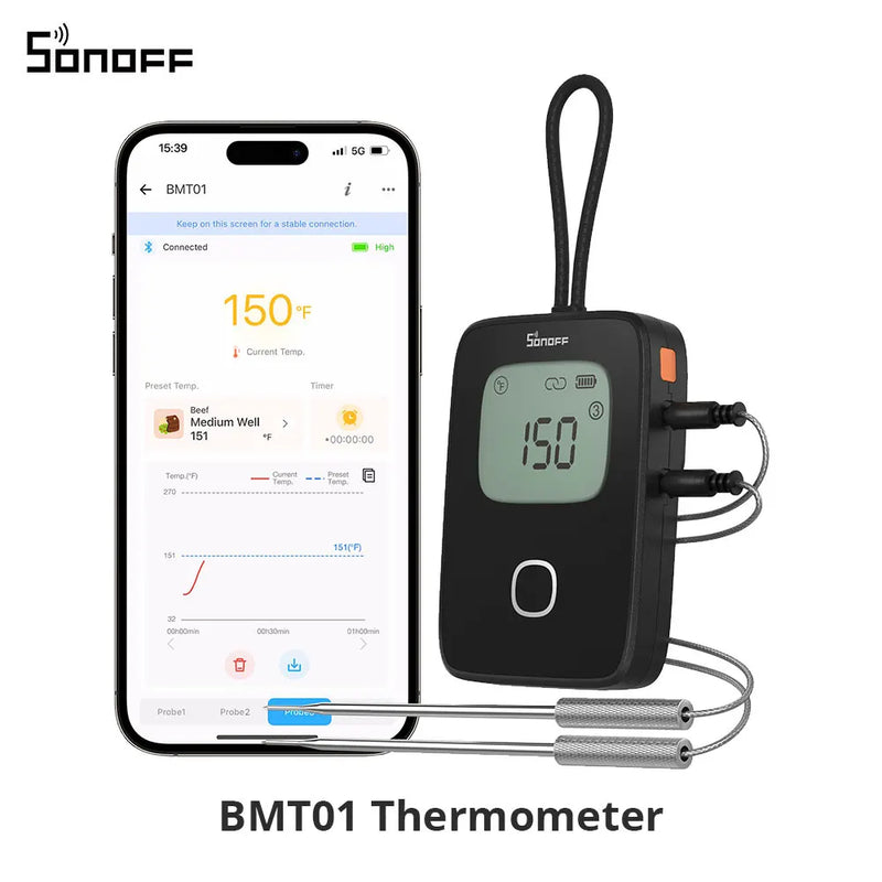 SONOFF BMT01 BBQ Meat Thermometer Remote Monitoring Temperature Alert Barbecue Cooking Oven Grill Probe Works with eWeLink APP