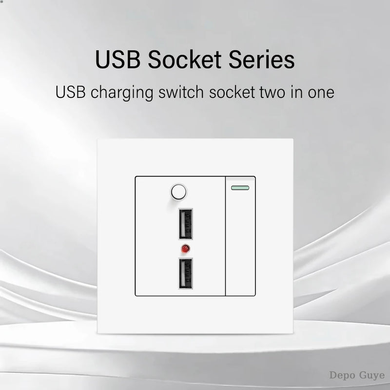 1 gang 2 way with 2 ports USB charging socket, with LED light, AC110-250V, light switch with international universal USB socket