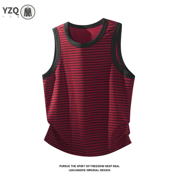 Male Slim Striped Sleeveless Knit Tank Top Crew Neck Comfort Breath Undershirt For Fitness Activities And Everyday Casual Look