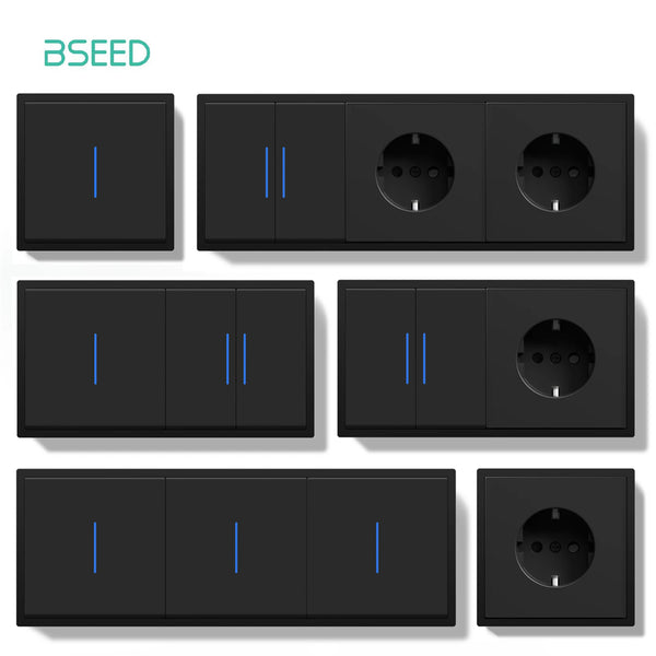 BSEED Button Switch 1/2Gang 1Way Wall Power Socket Wall Light Switch With LED Indicator Plastic Frame Switch Black Color
