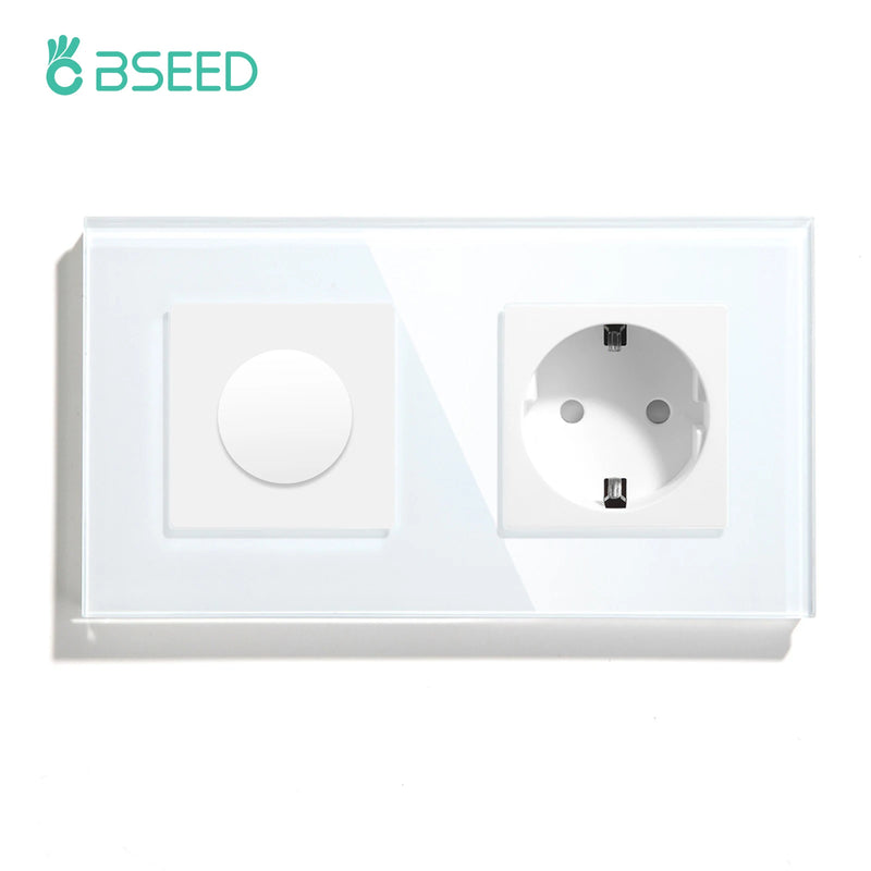 BSEED Mechanical Dimmer Light Switch Plus EU Socket USB Type-C Port Power Outlet Led Dimmable Switch Glass Frame 10A