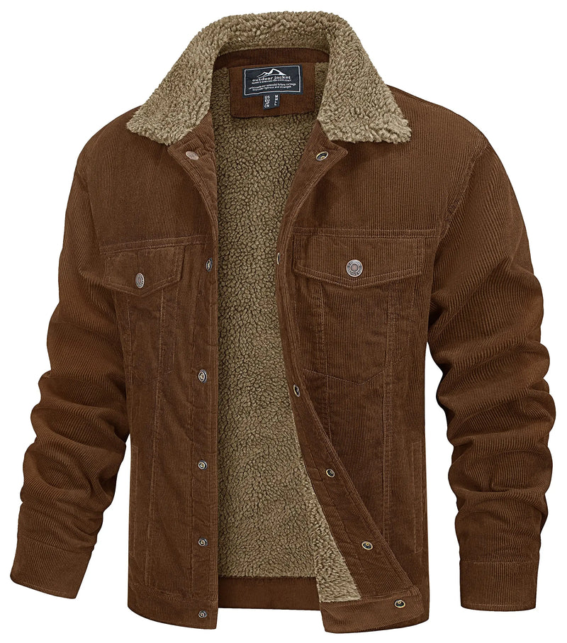 TACVASEN Men's Winter Corduroy Sherpa Lined Warm Turn-Down Collar Jacket Daily And Outdoor Long Sleeve Coat With Utility Pocket