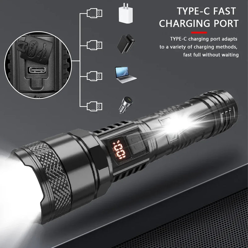 ចង្កៀង LED ដែលអាចសាកបាន 1500W ចល័តខ្លាំង មានថ្មភ្ជាប់មកស្រាប់ ធន់នឹងទឹក ពិល LED ថាមពលខ្ពស់ ភ្លើងពិលឡាស៊ែរពណ៌ស ភ្លើងពិលក្រៅផ្ទះ