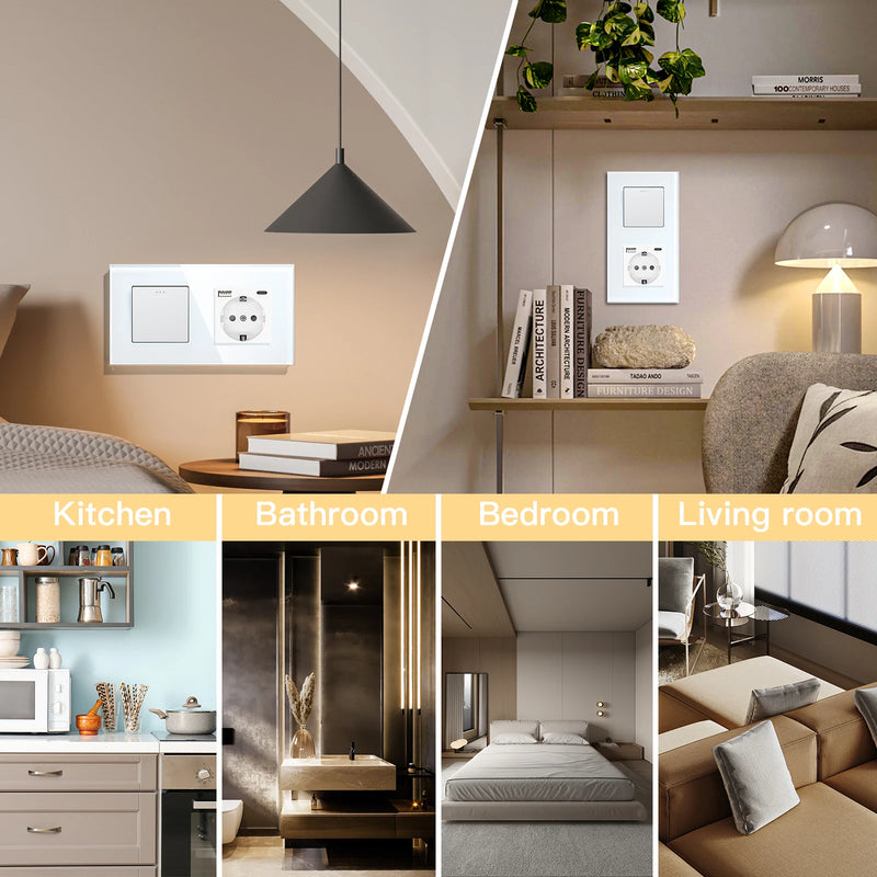 BSEED EU Standard Wall Button Switch 1/2/3Gang 1Way Wall Power Socket Glass Frame Mechanical Switches Home Improvement