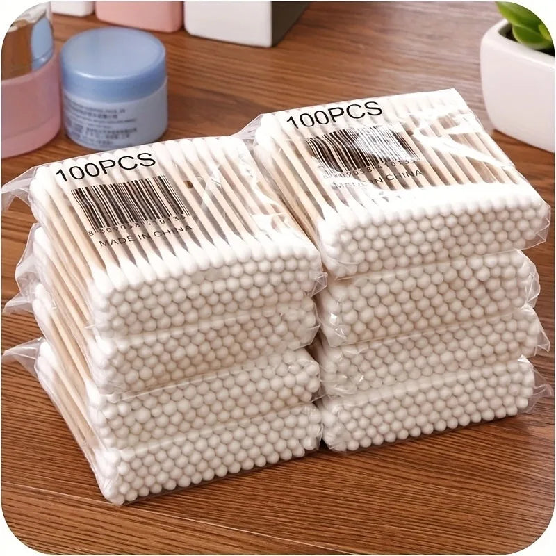 1/2pack 100pcs Double-Ended Swabs, Round Disposable Ear Cleaning Buds,Makeup Wooden Stick Swabs, Multi-Purpose Beauty Tools.