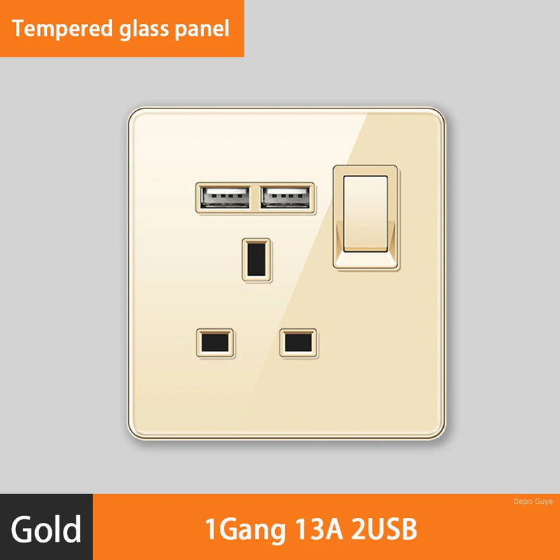 Luxury All Tempered Glass Wall Lamp Switch Button Golden UK Plug 13A Universal Wall Socket with Usb ,220V2gang2way Dimmer Switch