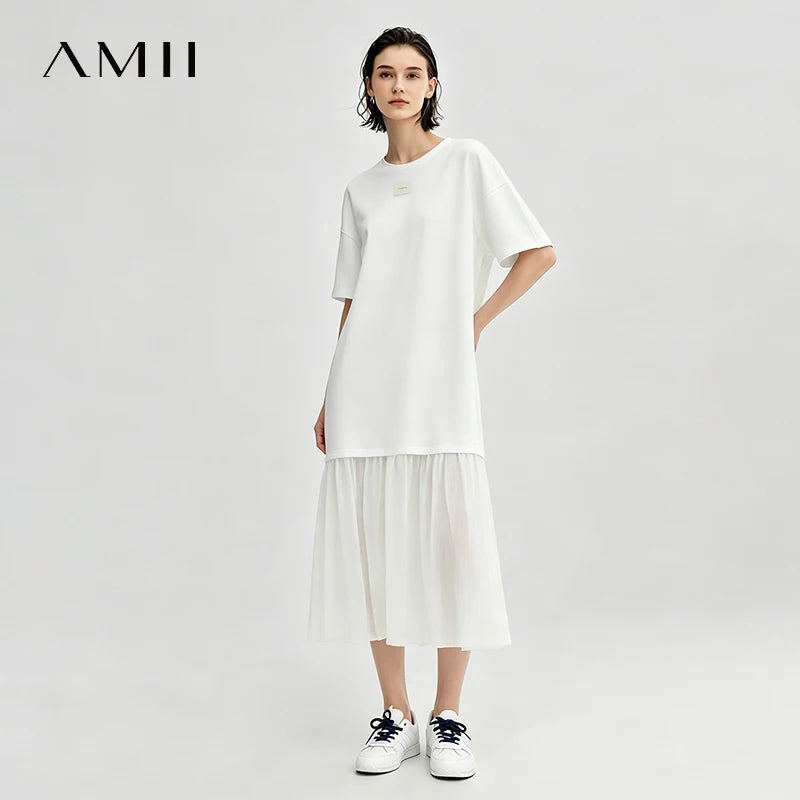 Amii Dress Woman 2026 Summer New Round Neck Drop Shoulder Air Layer Loose Casual Chiffon Patchwork Midi Dress For Women 12622164