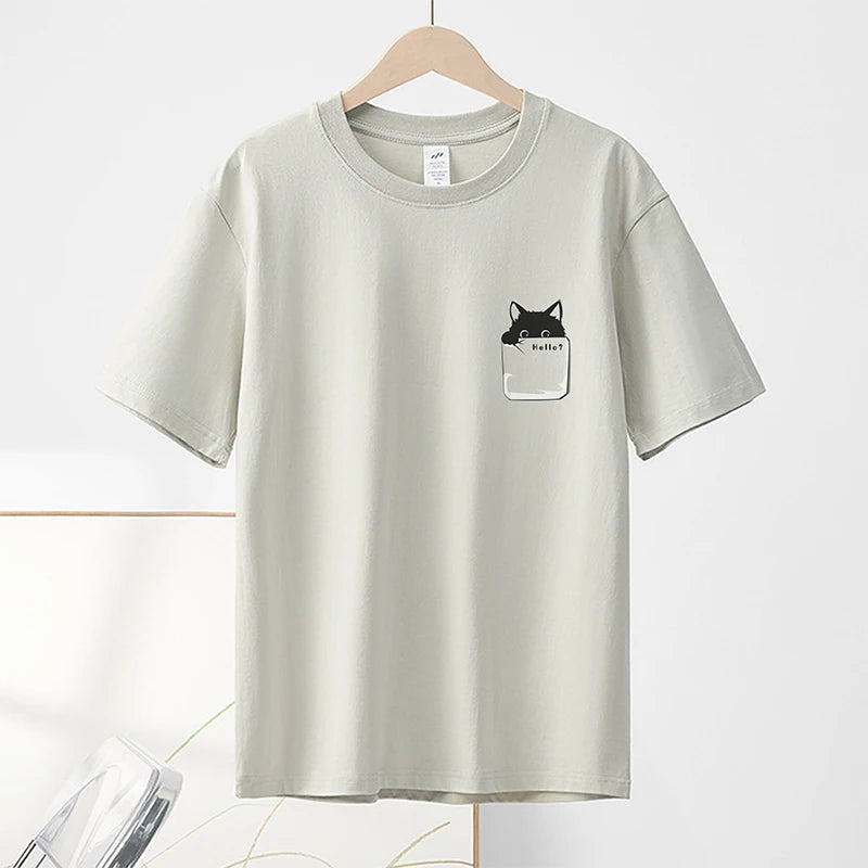 Summer New 100% Cotton Cat Printed Men T-shirts Short Sleeve Casual Solid Color Simple Thin Men Tops BOK0121