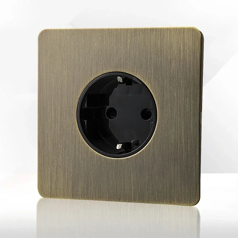 Retro EU FR Metal Panel Wall Toggle Light Switch Socket plug,Bronzed Antique Stainless Steel German 16A Socket with USB Charging