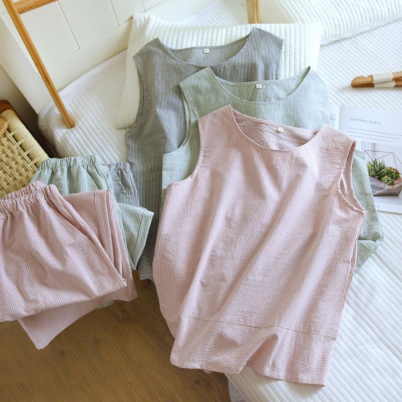Thin Sleeveless Pyjamas Woman Summer Pajamas Sleepwear Women's Cotton Gauze Pure Color 2 Piece Set Night Wear For Ladies Pijama