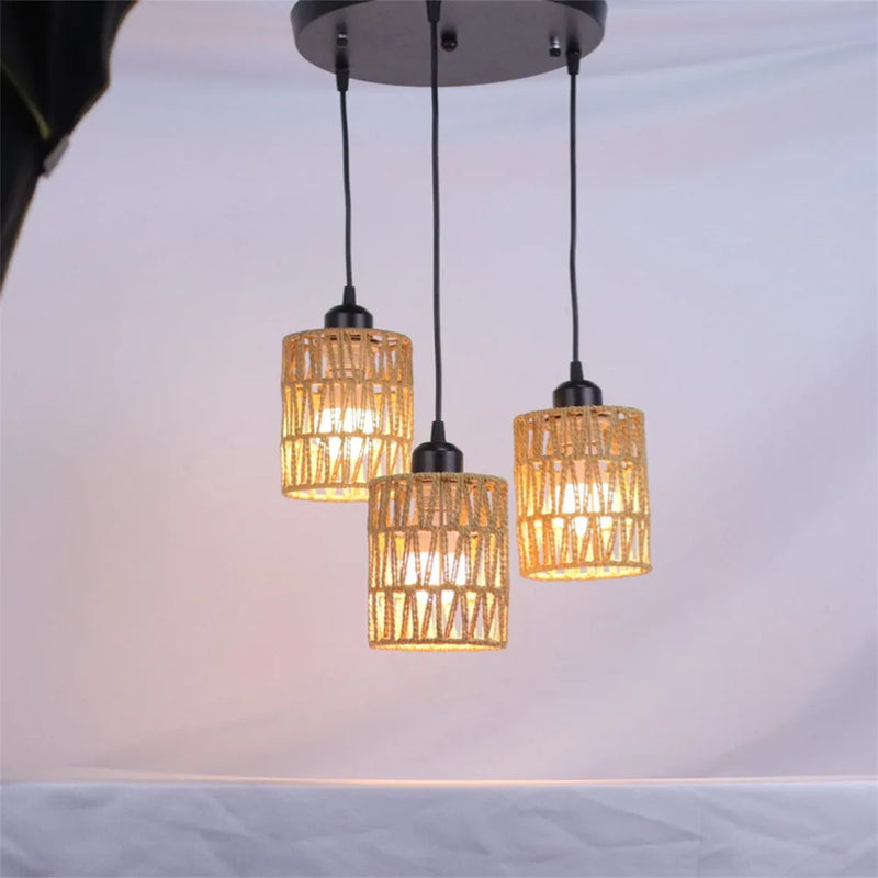 JOYINLED Rope Hemp Pendant Lights 3-Lights Rattan Light Ceiling Hanging Farmhouse Chandelier Lighting Hand Woven Wicker Shades