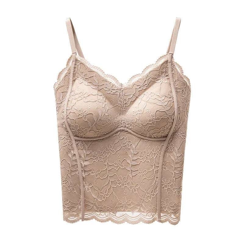 Sexy Slim-fitting French Lace Sling Vest for Women Fixed Cup Double Breasts Gathered Inner Top One Piece Sleepwear Pajamas