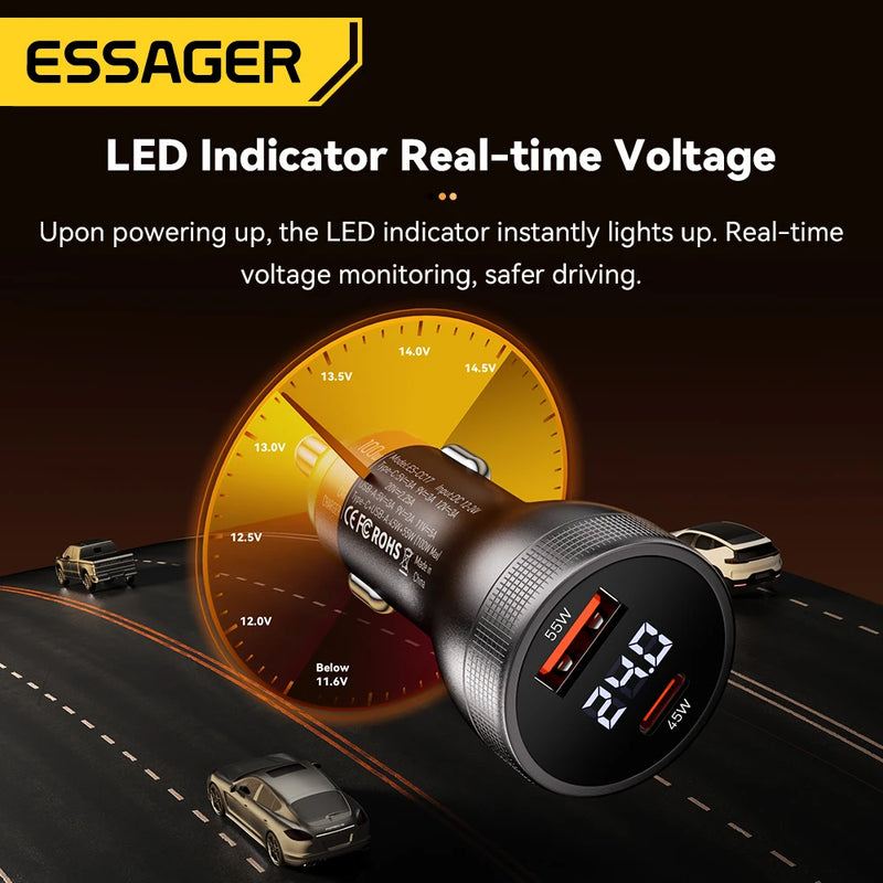 Essager 100W USB C Car Charger PD3.0 Fast Charging Quick Charge 4.0 Adapter for iPhone 16 MacBook Xiaomi Laptop Digital Dispaly
