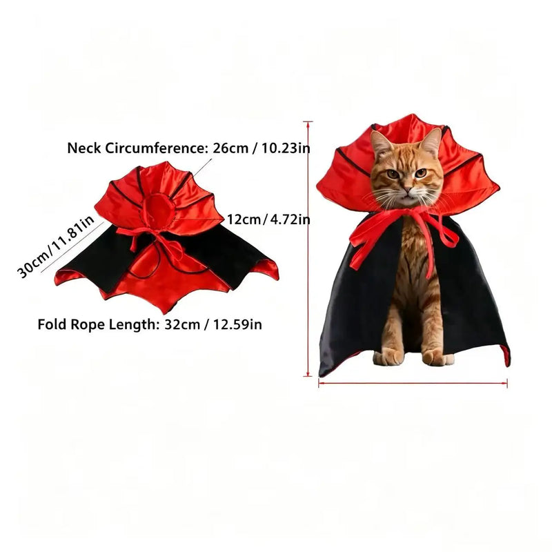 Halloween Vampire Cape for Cats & Small Dogs, Black Orange Bat Wing Pet Costume with Glowing Beads, Adjustable Elastic Straps