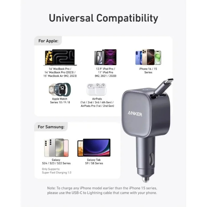 ឆ្នាំងសាករថយន្ត Anker A2738 Nano 75W USB-C ខ្សែ Type-C ដែលអាចដកថយបាន PD Fast Car Adapter សម្រាប់ iPhone Samsung MacBook Laptop