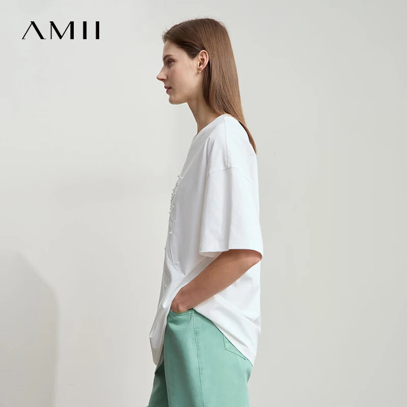 Amii Minimalist Casual Light Luxury T-shirt Women 2026 Summer New Loose O-neck Marine Embroidery Beaded Cool Tees Tops 12542148