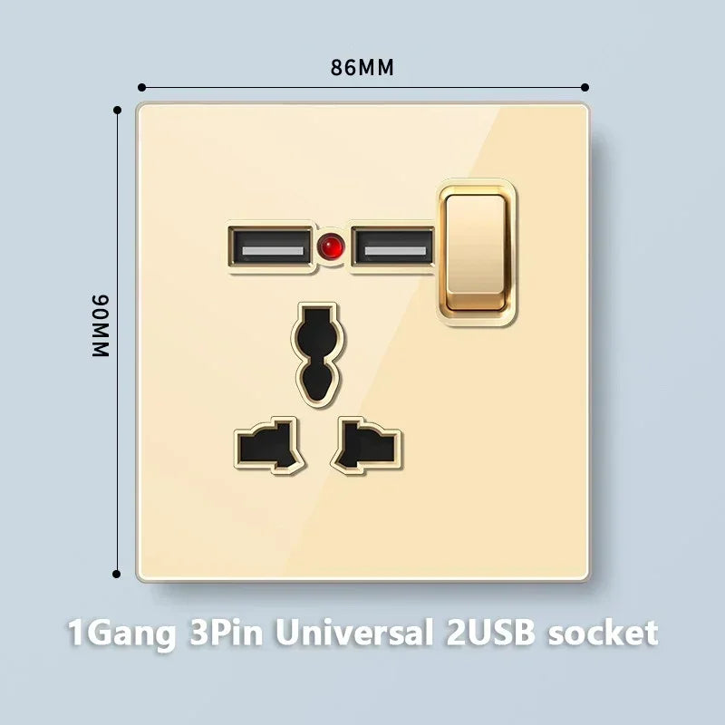 Deluxe Gold Tempered Glass Universal Dual power outlet,UK 13A Wall plug socket with 20W Fast charge,Home Electrical Light Switch
