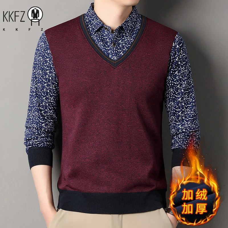 Men Thermal Knit Sweatshirt Faux Layered Style Printed Lapel Collar Fleece Inside Leisure Long Sleeve Pullover