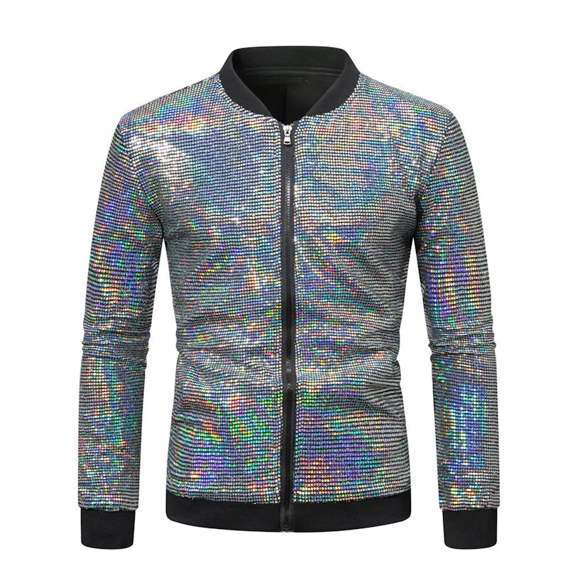2026 Men's Gold Long Sleeve Jacket, Baseball Collar Zipper Control Switch Jackets,Round Metal Piece Decoration Top, Silver Coat