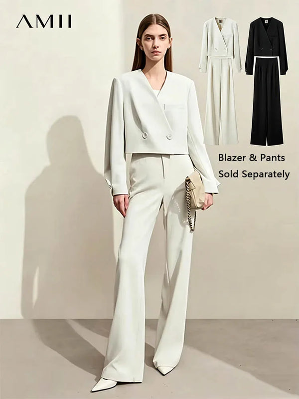 ខោ AMII Minimalism Women's រដូវស្លឹកឈើជ្រុះឆ្នាំ ២០២៦ ថ្មីសម្រាប់នារីការិយាល័យ V-neck អាវខ្លីរលុងធម្មតា ខោរឹងដាច់ដោយឡែក ១២៤៤១១១០