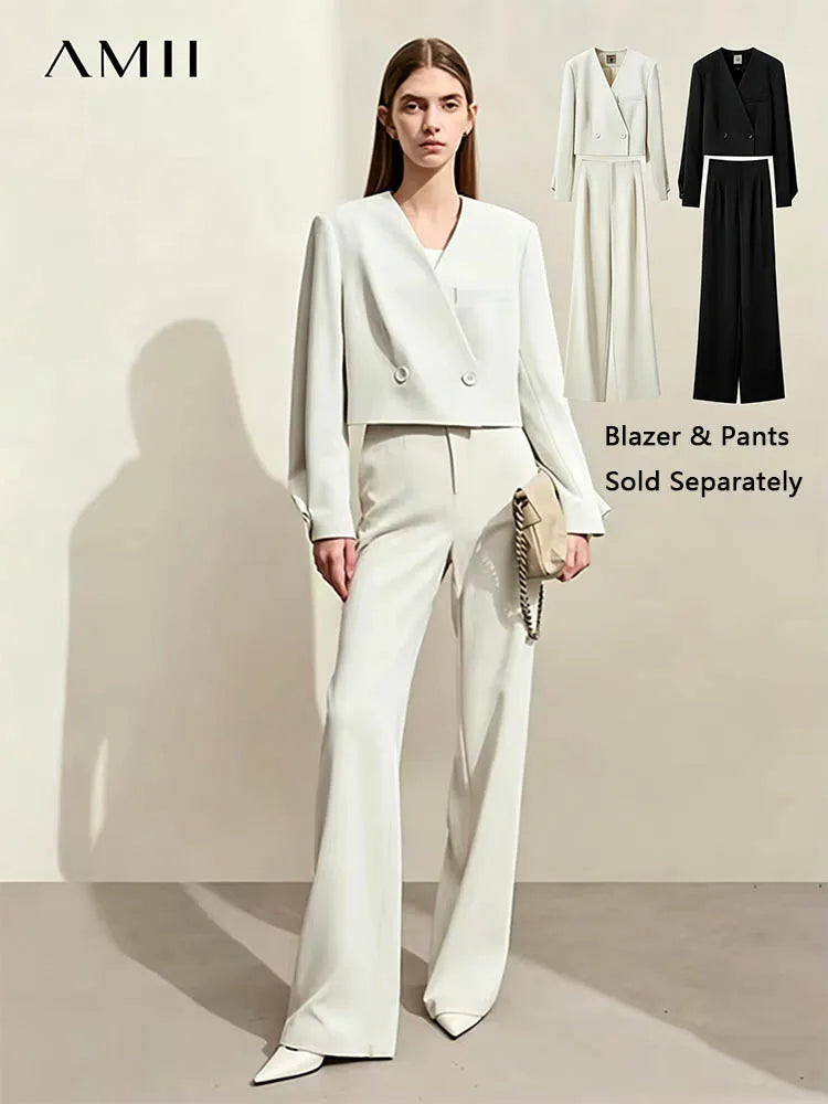 ខោ AMII Minimalism Women's រដូវស្លឹកឈើជ្រុះឆ្នាំ ២០២៦ ថ្មីសម្រាប់នារីការិយាល័យ V-neck អាវខ្លីរលុងធម្មតា ខោរឹងដាច់ដោយឡែក ១២៤៤១១១០