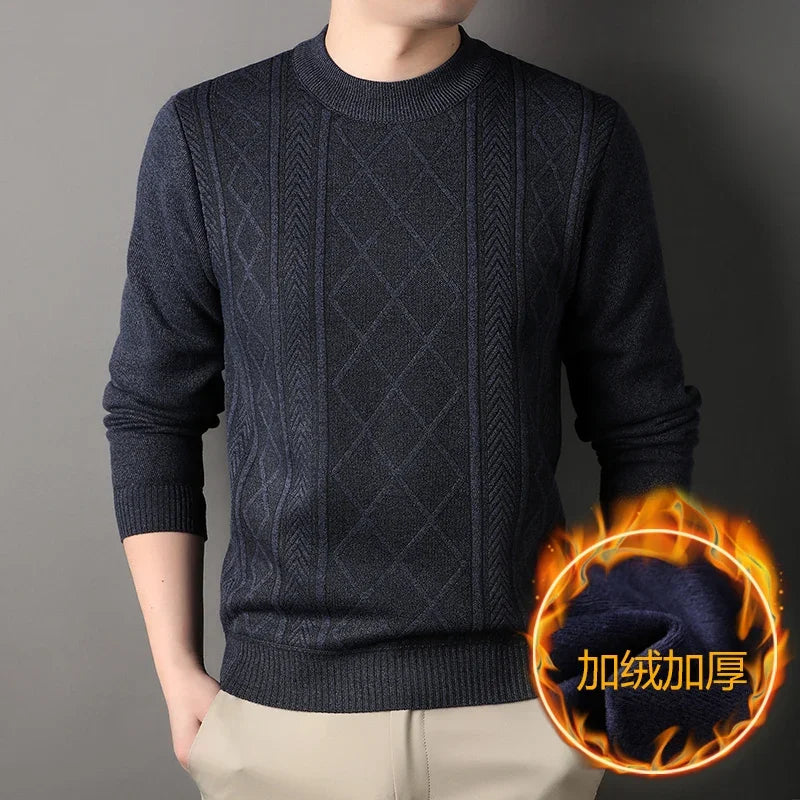 Elastic Rib Cuffs Male Crew Neck Sweater Thickened Plush Interior Mixed Jacquard Knitting Autumn Outdoor Leisure Top