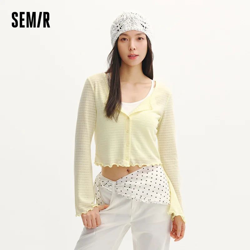 Semir Women Tshirt Textured 2026 Jacquard Slim Fit Ruffle Trim Knitted Crew Neck Urban Casual Everyday Style Soft