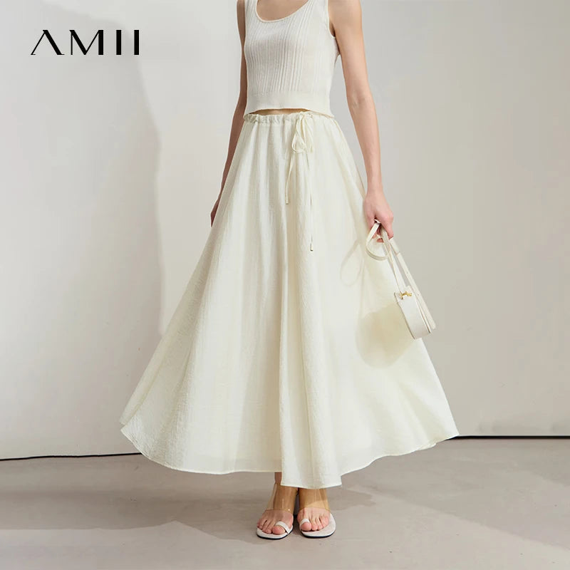សំពត់ Amii ថ្មី Minimalist ប្រវែងជង្គង់ A-Line សម្រាប់នារី ស្លៀកជាមួយខ្សែចង ពណ៌រឹង អាចលៃតម្រូវបាន ស្ទីលធ្វើដំណើរ សំពត់រលុង 12522025
