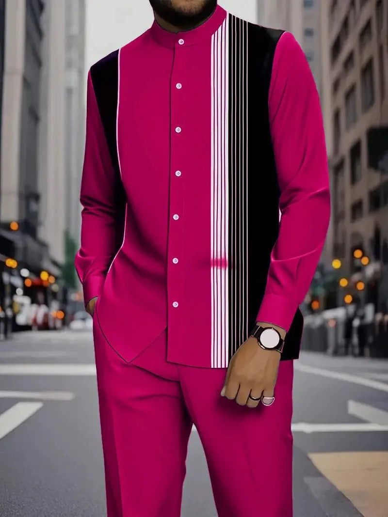 Men's Two-piece Set for Spring/Fall: An Ethnic-style Long-sleeve Shirt Paired with Pants, Red, Blue, Green, Gray, Black, Purple.