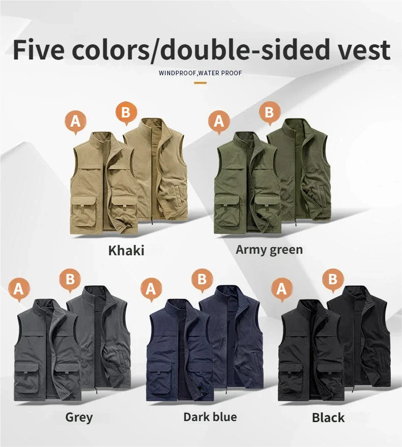 Autumn and Winter Casual Workwear Double-Sided Vest Men's Waistcoat Casual Multi-Pocket Photography and Fishing Waistcoat