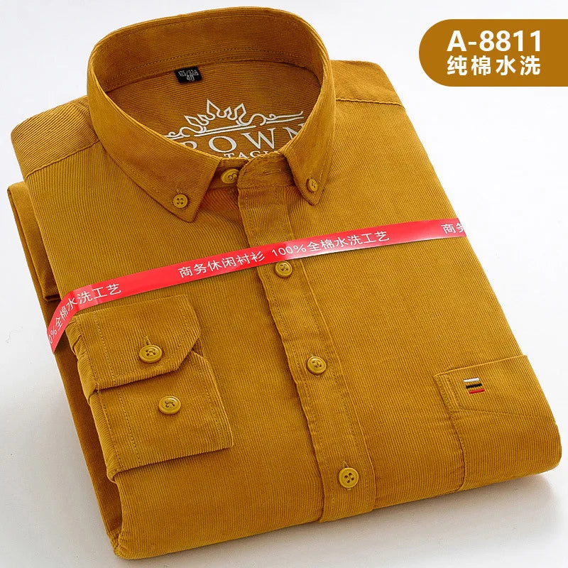 Spring Men's Yellow Long-Sleeve Shirt, Corduroy Collared Shirts, Asian Sizes, Available in Blue, Red, Gray, and Green.