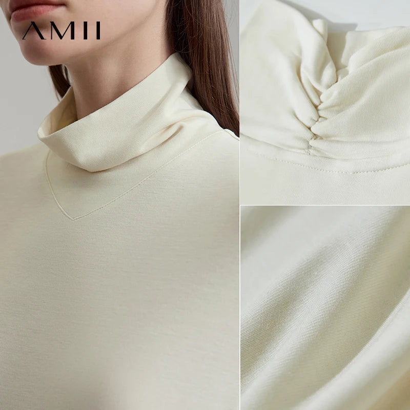 AMII 2026 New Arrival Autumn T-Shirt Pleated Heaps Collar Base Knit Tops Solid Long Sleeves Casual Slim Women Pullover 12523046