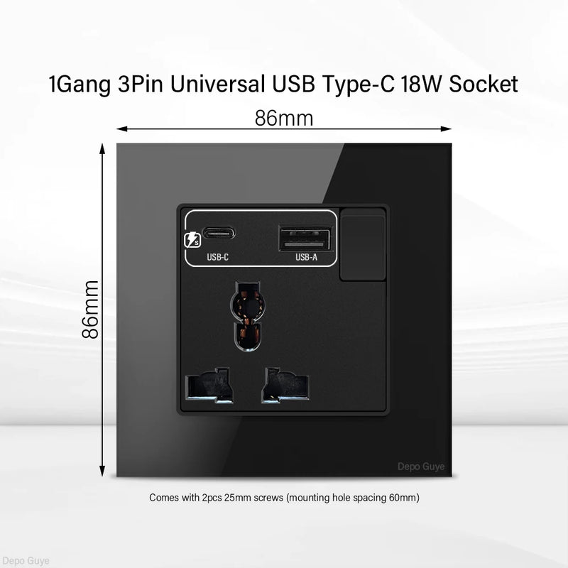 UK Black USB Type-C 18W Fast Charging Socket Universal Tempered Glass  Double 5-pin Power Plug,Home Electrical Wall Light Switch