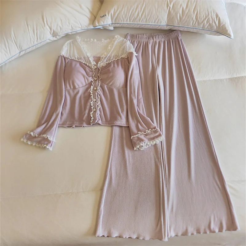 ឈុតគេងផ្អែមល្ហែម កោះ Velvet ក្តៅរដូវរងា គេងក្រាស់ បន្ទះទ្រូង អាវដៃវែង អាវគេងនារីជាមួយខោ ឈុតផ្ទះ