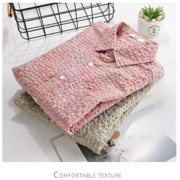 Summer New Casual Cotton Checkered Bubble Short Sleeve Shirt for Men Slim Casual Turn-down Collar Classic Shirt FY740