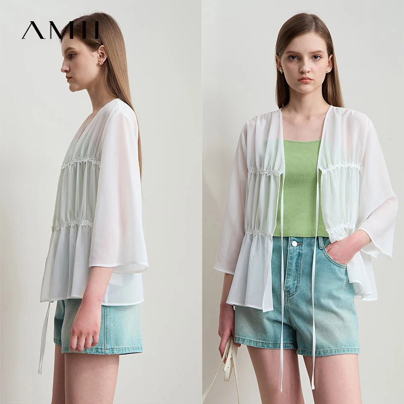 Amii Minimalism Light Luxury Blouse Chiffon 2026 Summer New Women Office Lady Thin Loose Tied Ruffles Flared Sleeves 12542274