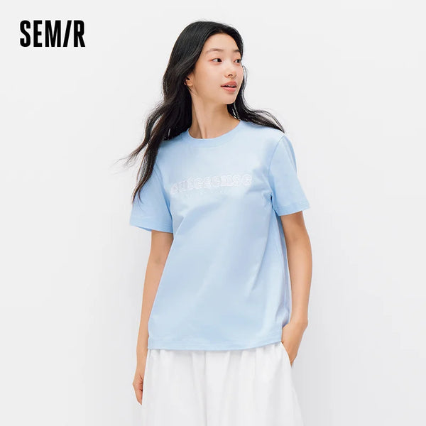 Cotton Lace Letter Embroidery Short Sleeve Summer 2026 Loose Fit Trendy Everyday Style Casual Top