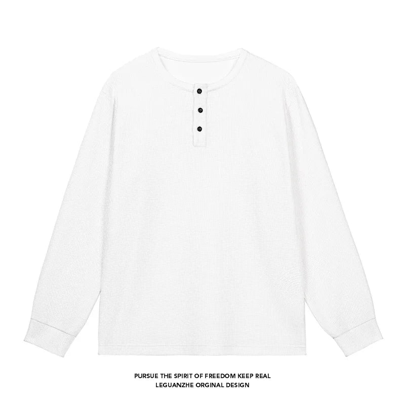 Breathable Waffle Henley Pullover Men Long Sleeve Round Neck Three Button Placket Versatile Everyday Streetwear Garment