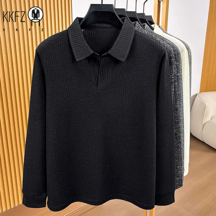 Premium Mens Knitted Polo Long Sleeve Tops Fine Rib Texture Stretch Fabric Turn Collar For Daily And Business Occasions
