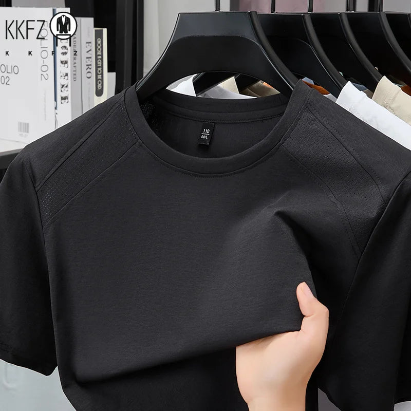 All Season Basic Solid Male Short Sleeve T Shirt Mesh Spliced Shoulder Home Rest Daily Commute Leisure Garment