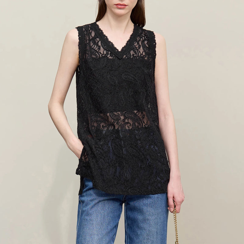 Amii Women's Camisole 2026 Summer New V-Neck Paisley Lace Tank Tops Loose Lightweight Sheer Female Sleeveless Shirt 12652017