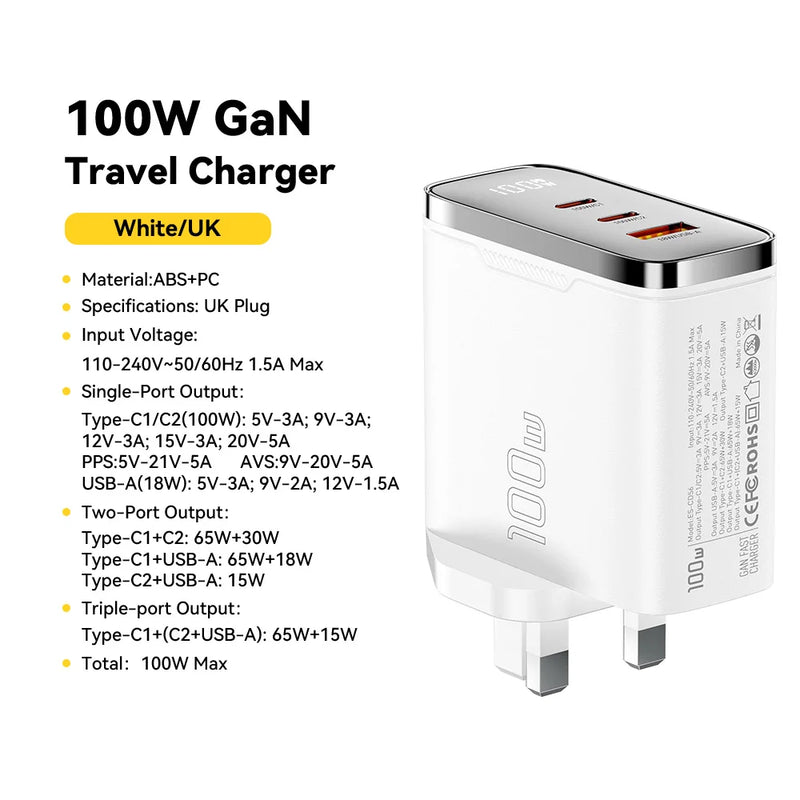 ឆ្នាំងសាក Essager 100W GaN USB Type C ឆ្នាំងសាកឌីជីថល PD QC ឆ្នាំងសាក USB ចល័តសម្រាប់ iPhone 17 16 15 Xiaomi Macbook Laptop