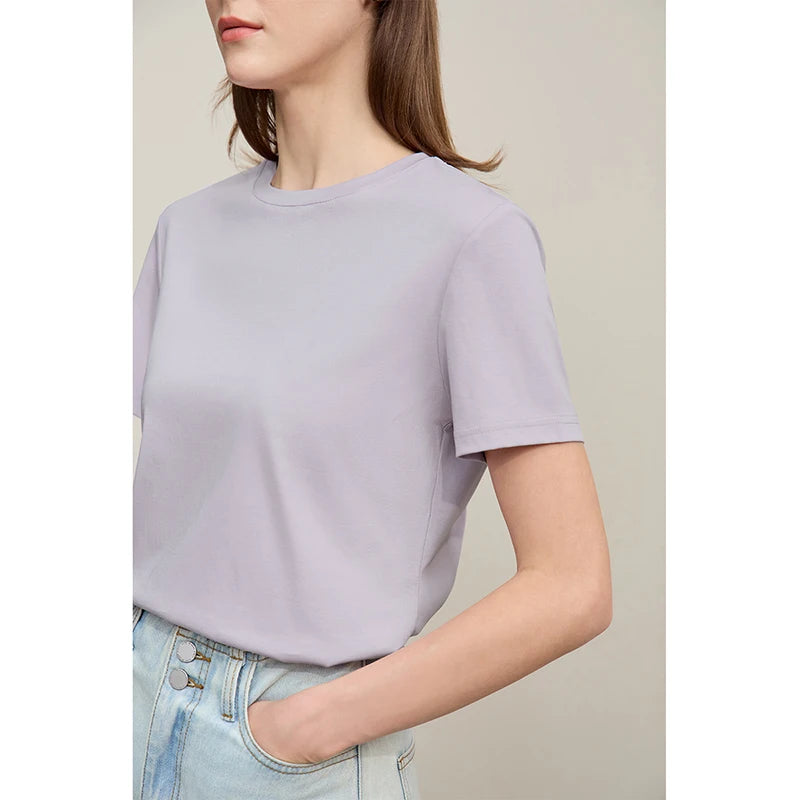 Amii Women's 100% Cotton T-Shirt 2026 Summer Casual Basic O-Neck Knit Tee Slim Solid Color Versatile Female Clothing 12622010