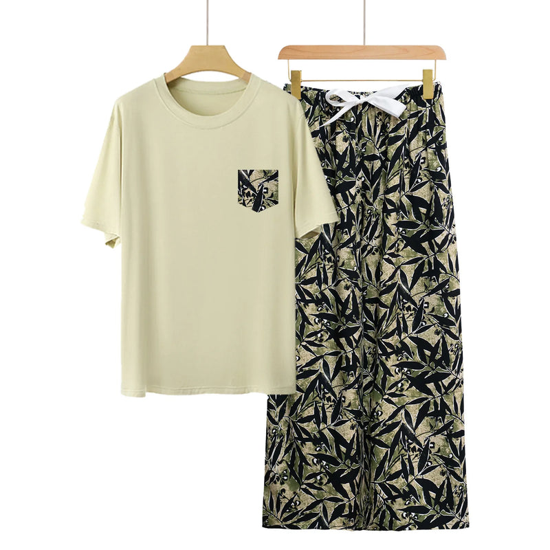Fashion Printed Short Sleeve Straight Pants Set New Modal Comfort Woman Pajamas Loose Women's Home Clothes Spring Summer Pijama