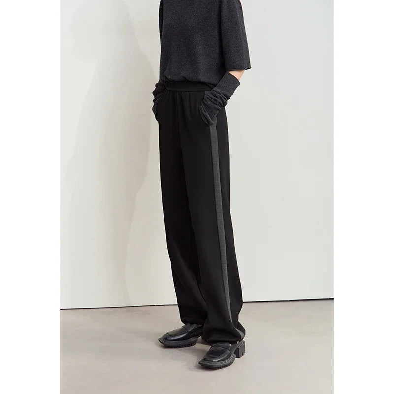 Amii 2026 Winter Women Clothes Rubber Band Waist Contrasting Color Splicing Velvet Casual Trousers Loose Two-wear Pants 12444239
