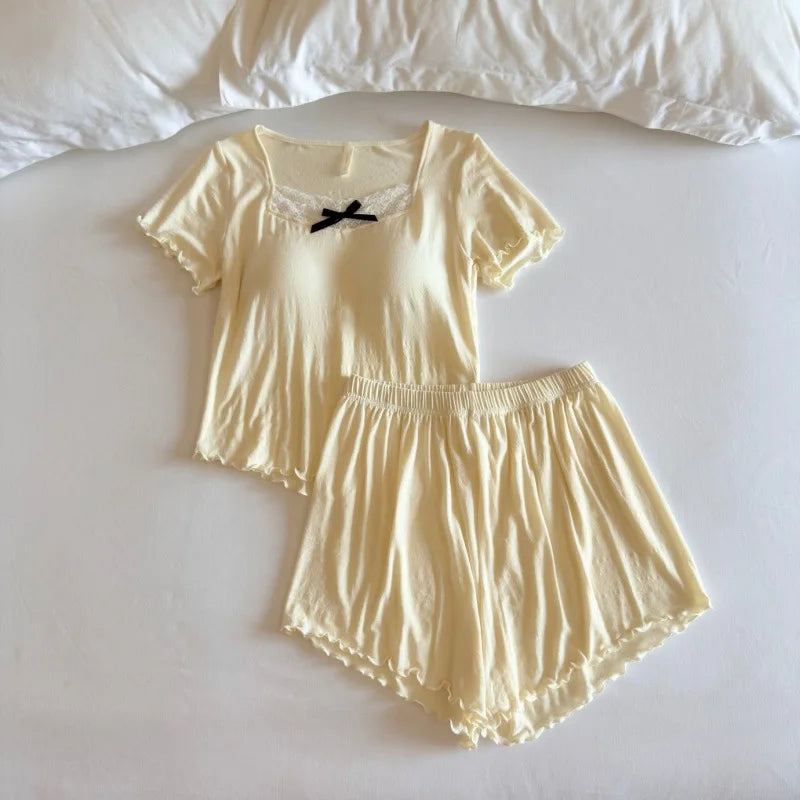 Modal Pajamas with Chest Pads Short Sleeve Sleepwear Ladies Pyjamas Femmes Summer Top and Shorts Lounge Wear Loungewear Suit