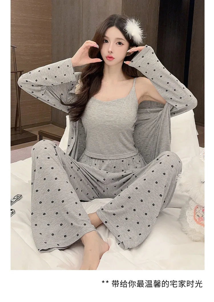 Sexy Chest Pad Modal Pajamas For Women Printed Slim Spring Autumn Home Clothing Korean Three Pieces Set New Pijama Mujer
