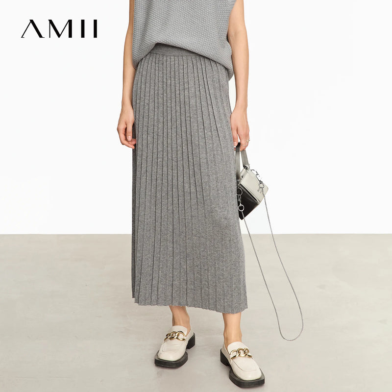 Amii Women's A-Line Pleated Midi Skirt Elastic Waist Loose Fit Knit Casual Commuter Minimalist Autumn 2026 Women Skirts 12623156