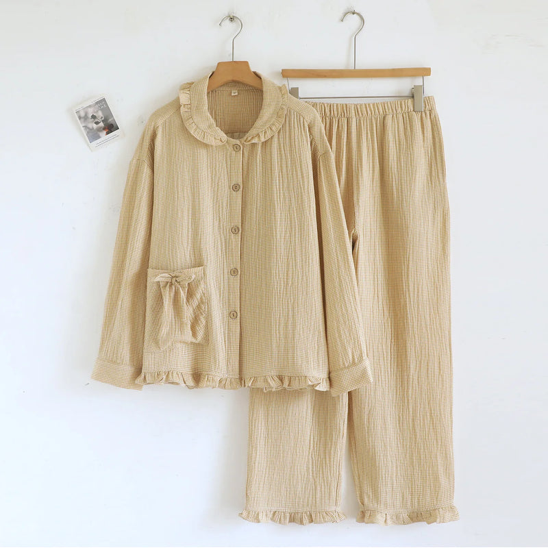Pure Cotton Plaid Long-Sleeved Pyjamas Women's Loungewear Suit Spring Autumn Home Clothes Comfortable Sleepwear Soft Pajamas