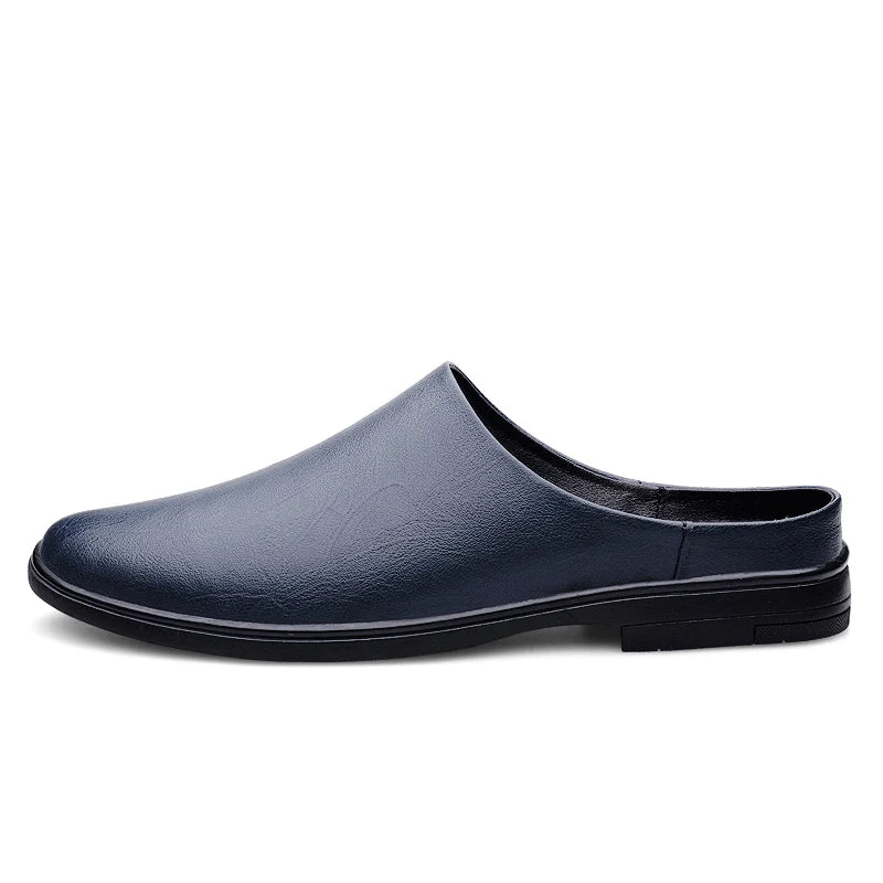 Summer Fashion Half Shoes Men Casual Comfortable Leather Shoes Half Slippers Solid White Slip On